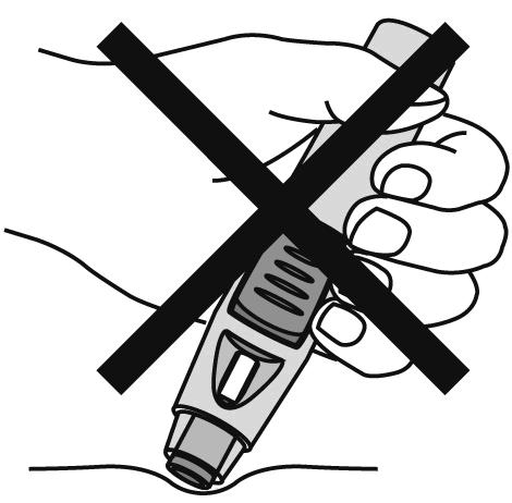 Håll den öppna delen av pennan i rät vinkel (90º) mot huden och tryck ner pennan ordentligt, utan att trycka på dosknappen (se figur 5).