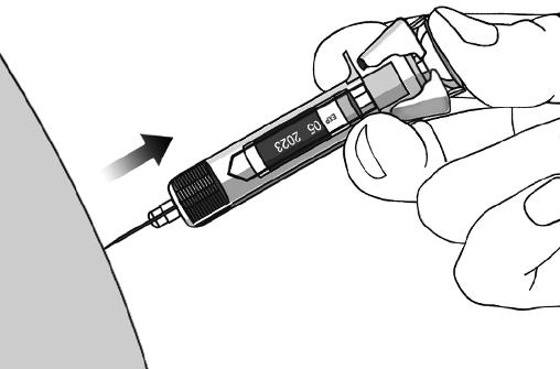 Figur 8 Ta sakta bort tummen från kolvstoppet så att den tomma sprutan kan röra sig uppåt så att hela nålen täcks av nålskyddsanordningen som visas i figur 9: Efter injektionen Figur 9 1.