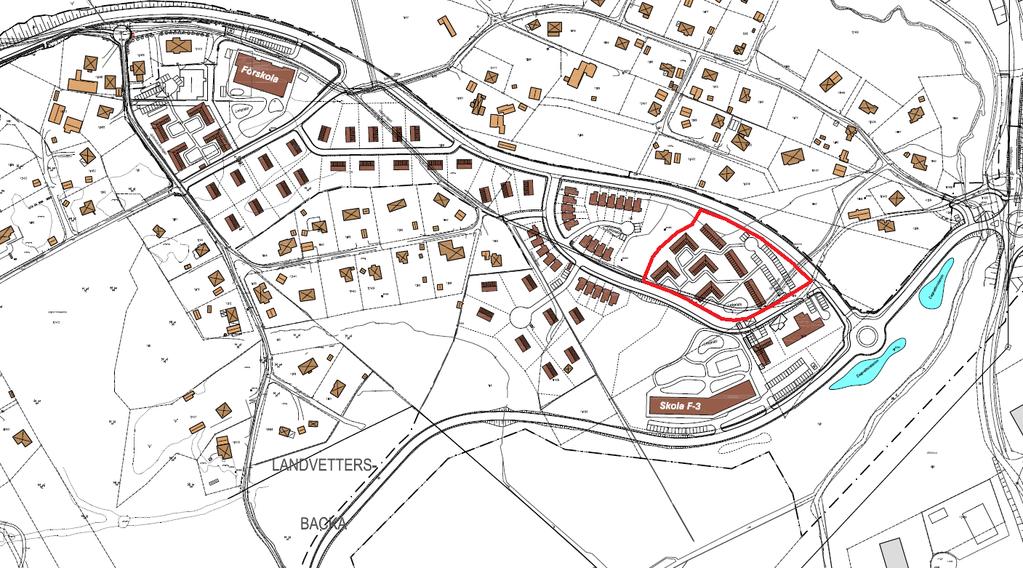 Illustration till detaljplanen, fastigheten Landvetters-Backa 1:177 markerad med röd begränsningslinje 3.2 Köpeskilling Köpeskillingen för fastigheten uppgår till 2 000 kronor per kvadratmeter BTA.