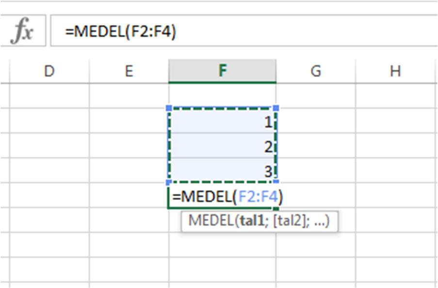 För att använda dig av formler skriver du, i formelfältet, exempelvis =MEDEL(H2:H4), detta kommer räkna ut medelvärdet på cellerna H2 till H4.
