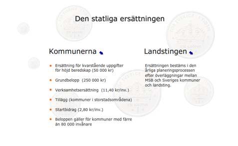 statliga ersättningen  och Ersättning, uppföljning Planering områdesansvar övning Rapportering