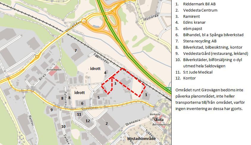 Figur 3.1. Inventering av verksamheter i planområdets närhet. I och med att området byggs ut kommer verksamheter med industrianknytning sannolikt försvinna från området och ersättas med bostäder.