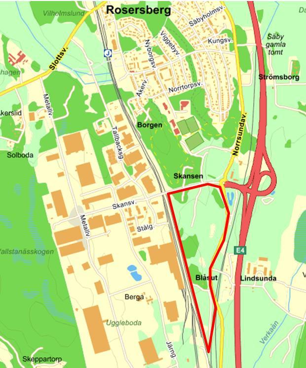 Figur 2.1. Aktuellt område inklusive närmaste omgivningen. Läget för aktuellt planområde är rödmarkerat. Området består idag av åkermark i den norra delen och naturmark i den södra delen.