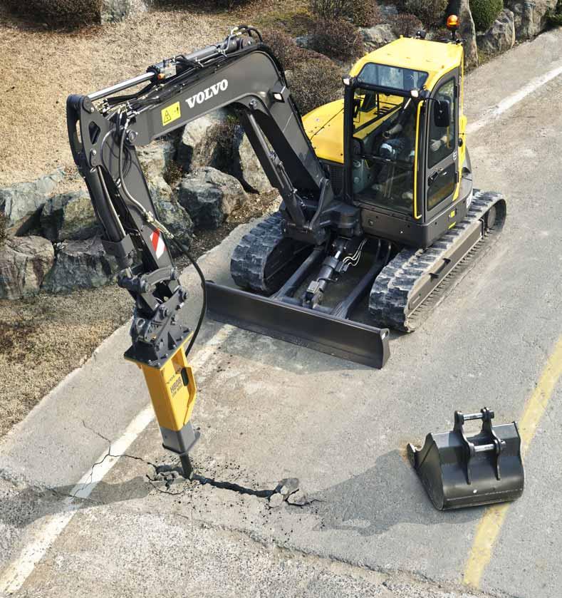 Hydrauliskt hammare Volvos slitstarka, hydrauliska brytmaskiner har konstruerats för att passa optimalt till Volvo-grävmaskiner.