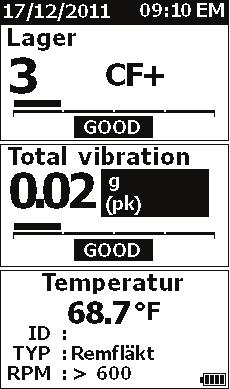 Vibration Meter Om mätningar Om mätningar Mätaren mäter lagertillstånd och den totala vibrationen i en maskin. Det finns tre typer av mätningar: lagervibration, total vibration och temperatur.