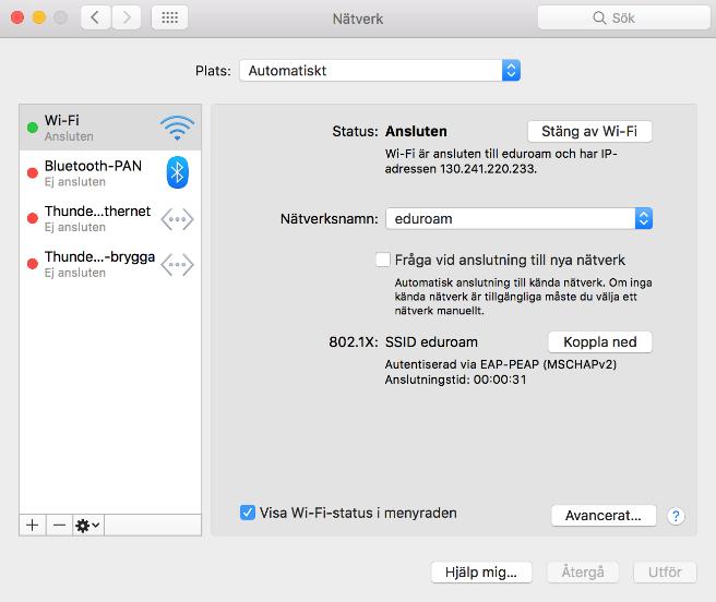 Högerklicka (Ctrl + höger musknapp) och välj Radera eduroam. 6. Återanslut genom att markera Wi-Fi och välj eduroam i den övre menyraden. 7.