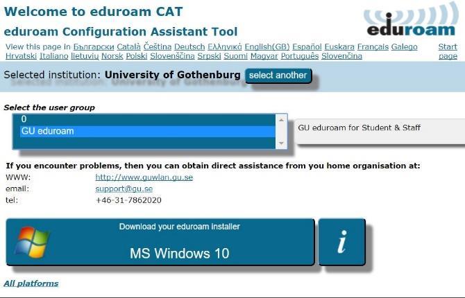 idp=595 Länken tar dig direkt till konfigurationen för Göteborgs Universitet. 2. Klicka på Gu eduroam under Select the user group. 3.