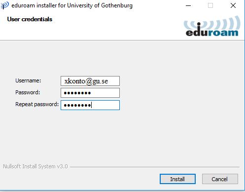 8. Fyll i användarnamn (xkonto@gu.se eller guskonto@gu.se) och lösenord. Klicka sedan på Install. 9. Avsluta installationen genom att klicka på Finish. 10. Certifikatet är nu installerat på din enhet.