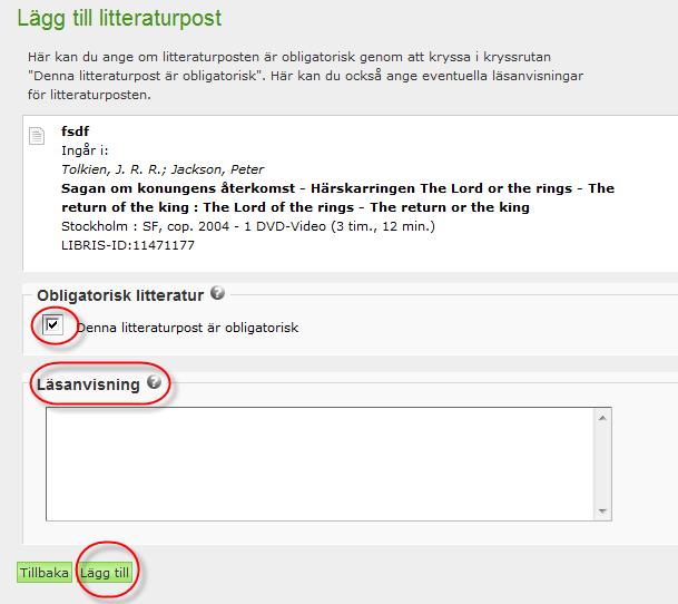 Sök fram den bok/tidskrift artikeln ingår i och klicka på länken Skapa/Lägg till artikel.