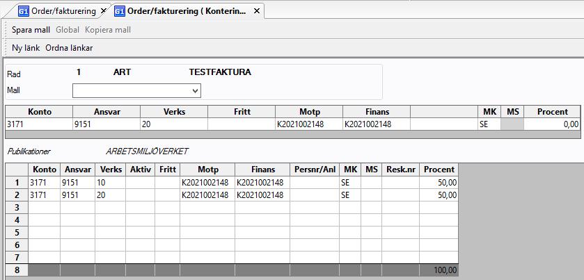 Skapa nästa konteringsrad och välj Behåll eller F11. När beloppen i kolumnen tillsammans motsvarar 100%, välj Spara (F12), du kommer då tillbaka till registreringsbilden.