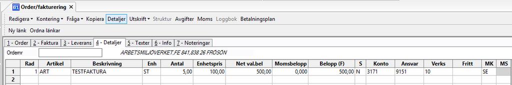 Vid enstaka försäljning ange artikel ART, alla uppgifter skrivs då in manuellt. Använd tab för förflyttning mellan fälten, alla fält måste ha ett innehåll.