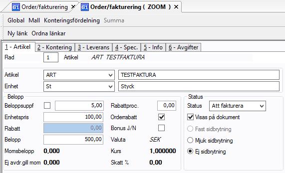 Extra beskrivningstext Extra beskrivningstext på försäljningsordern kan läggas till efter konteringen.