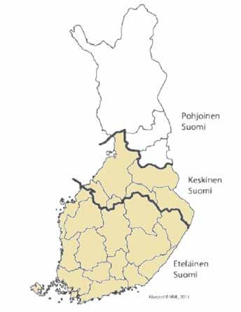Identifiering och bekämpning av rotröta { 15 } Bild 7. Områdesindelningen enligt skogslagstiftningen: södra delen av Finland, mellersta delen av Finland och nordliga delen av Finland.