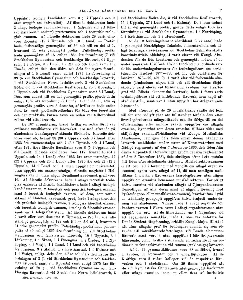 ALLMÄNNA LÄROVERKEN 1885 86. KAP. 6. 17 Uppsala); teologie kandidater voro 3 (1 i Uppsala och 2 utan uppgift om universitet).