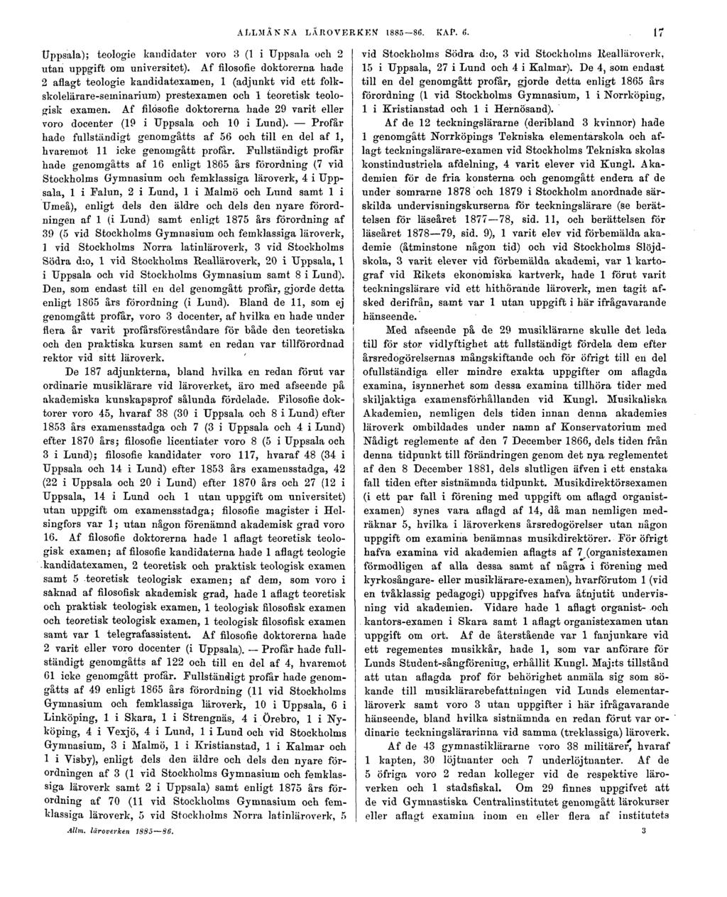 ALLMÄNNA LÄROVERKEN 1885 86. KAP. 6. 17 Uppsala); teologie kandidater voro 3 (1 i Uppsala och 2 utan uppgift om universitet).