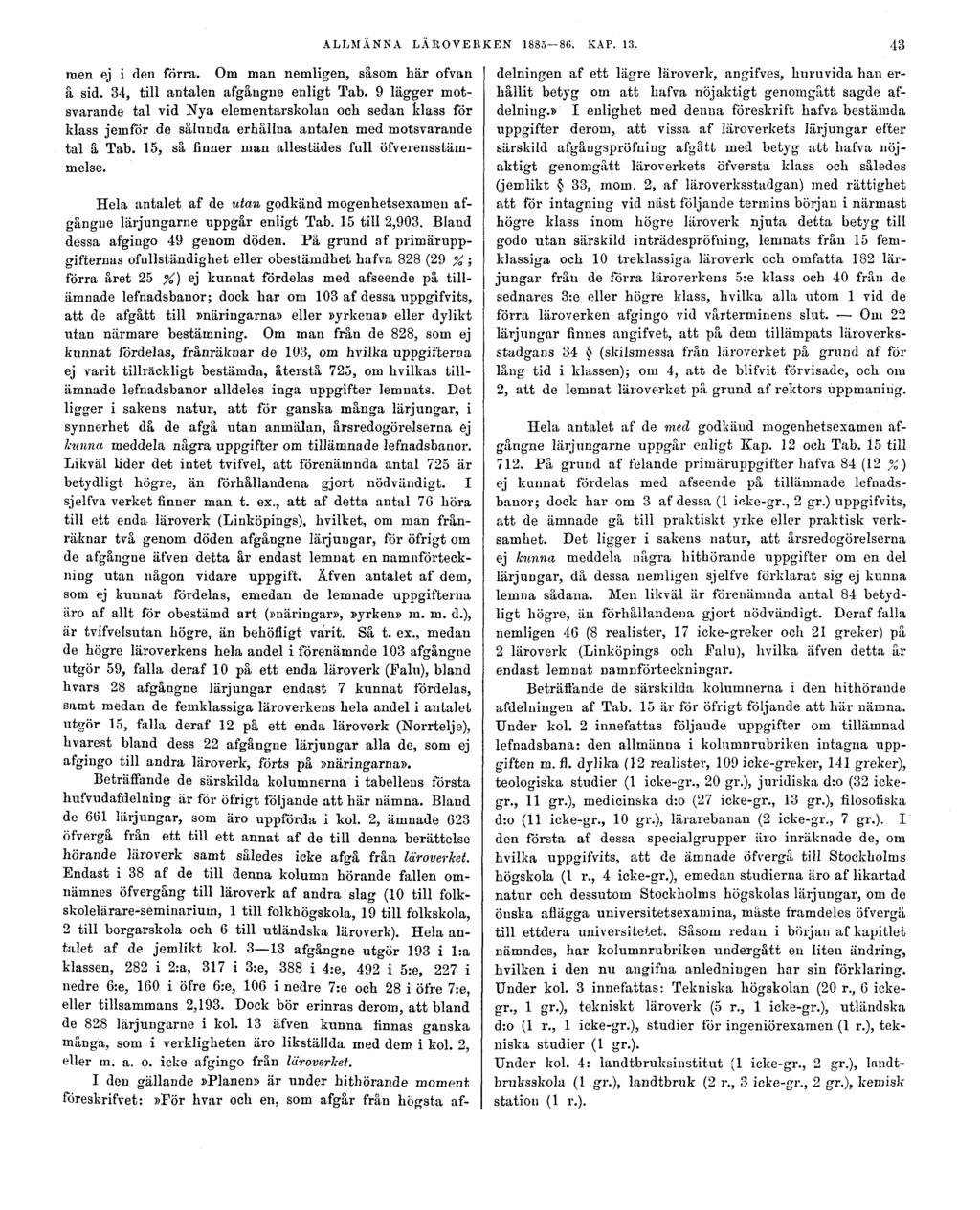 ALLMÄNNA LÄROVERKEN 1885 86. KAP. 13. 43 men ej i den förra. Om man nemligen, såsom här ofvan a sid. 34, till antalen afgångne enligt Tab.