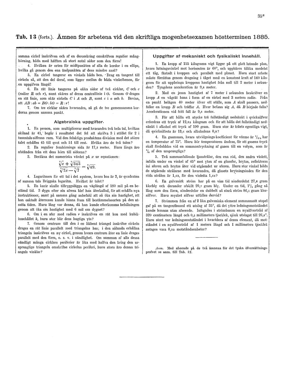 35* Tab. 13 (forts.). Ämnen för arbetena vid den skriftliga mogenhetsexamen höstterminen 1885.