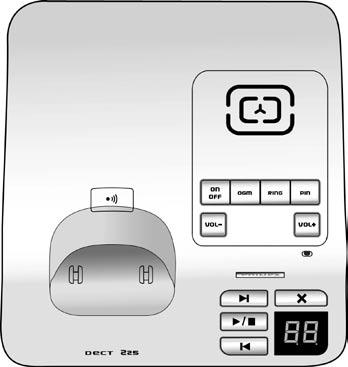 12 Telefonsvarare DECT 225 Telefonsvarare På / Av Högtalare Volym Ner Hälsningsmeddelanden (OGM) Ring Svenska Sökning PIN Volym Upp Mikrofon Nästa meddelande Radera Spela / Stopp Föregående