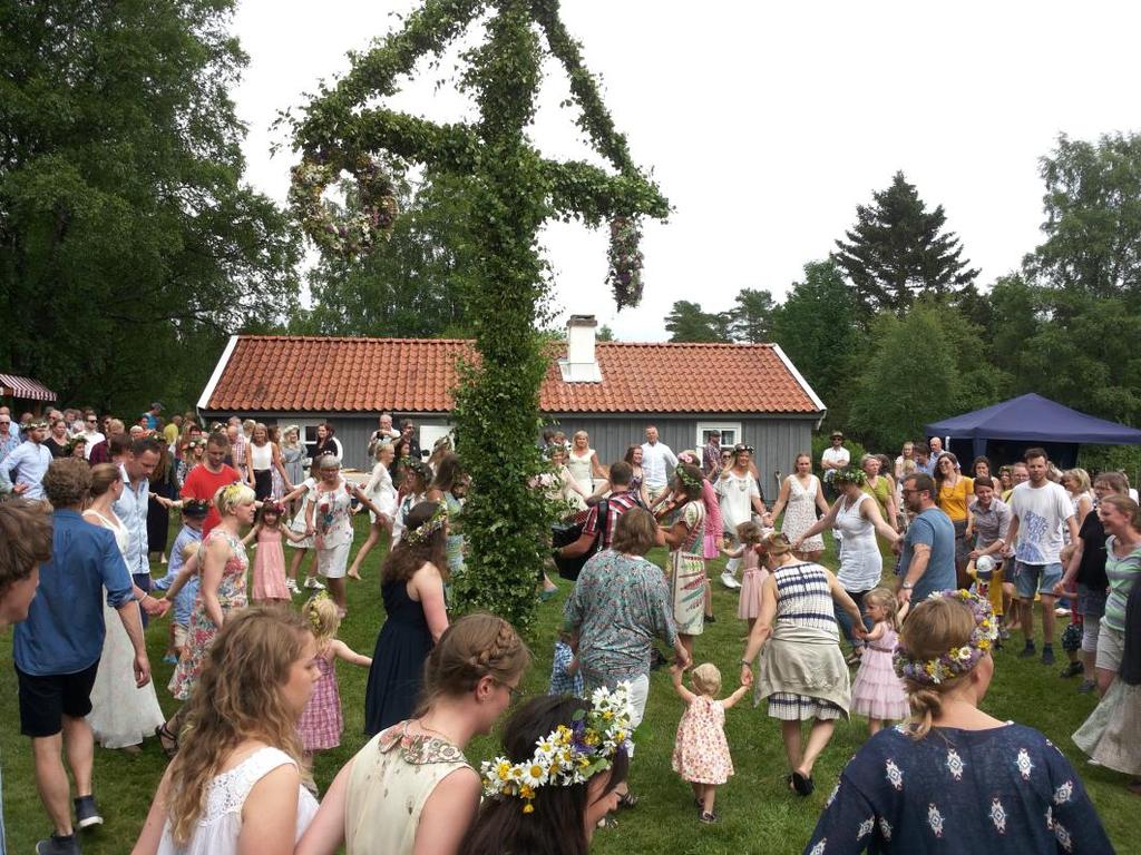 Midsommarstången reses till tonerna av dragspelsmusik kl.