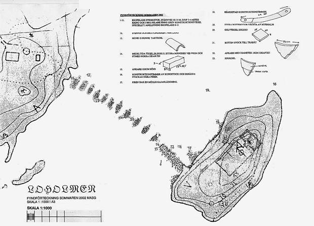 Loholmen 9 Figure 5. Plan of the archaeological finds and features in the water surrounding Loholmen, located by MASG in 2002. Björn Dahrén, MASG (permission granted from illustrator for publication).
