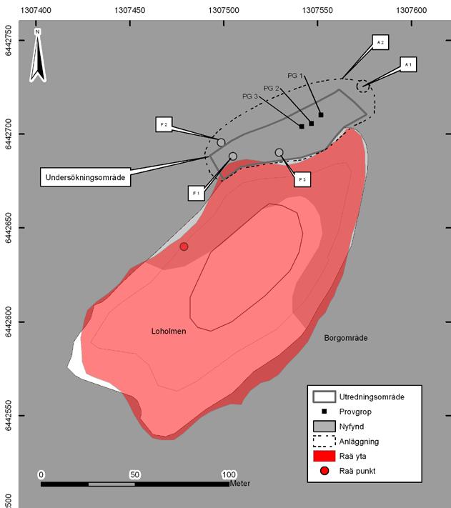 Appendix 1. Plan över undersökningsområdet med provgropar, anläggningar och fynd markerade.