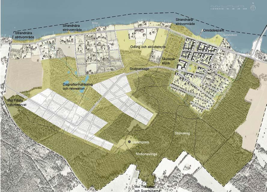 Grönstruktur Grönstrukturen ramar in och bildar två större genomgående vertikala stråk från Böleberget till Storsjön mellan de tre bebyggelsegrupperna.