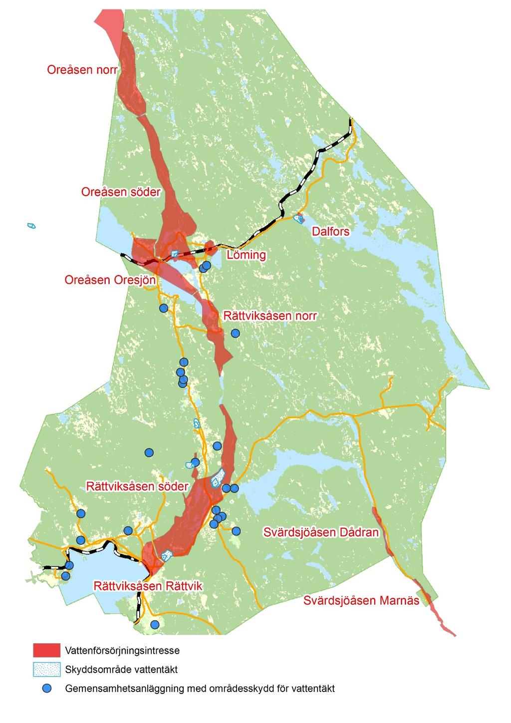 Vattenskyddsområden och vattentäkter med områdesskydd redovisas på kartan nedan.