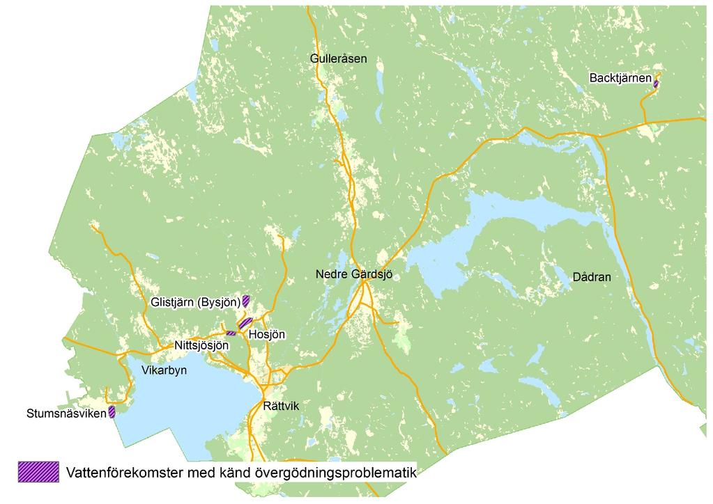 avloppsanläggningar. Dessa sjöar är Glistjärn (Bysjön), Hosjön, Nittsjösjön, Backtjärnen (Finnbacka) och Stumsnäsviken som är en del av Siljan.