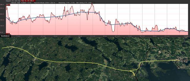 39 Sträckan Gränsen Karlstad via Årjäng och Grums är 108 kilometer lång och går igenom kuperad terräng till Grums och därefter i flack terräng utmed Vänern.