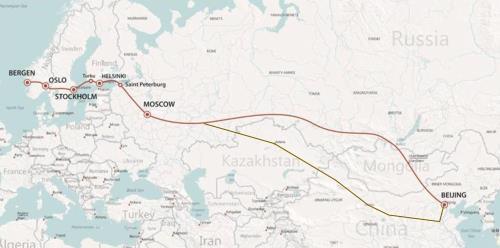 8 Figur 4. Restiden mellan Bergen och Beijing blir mindre än 48 timmar med höghastighetståg på The Artic Silk Road.