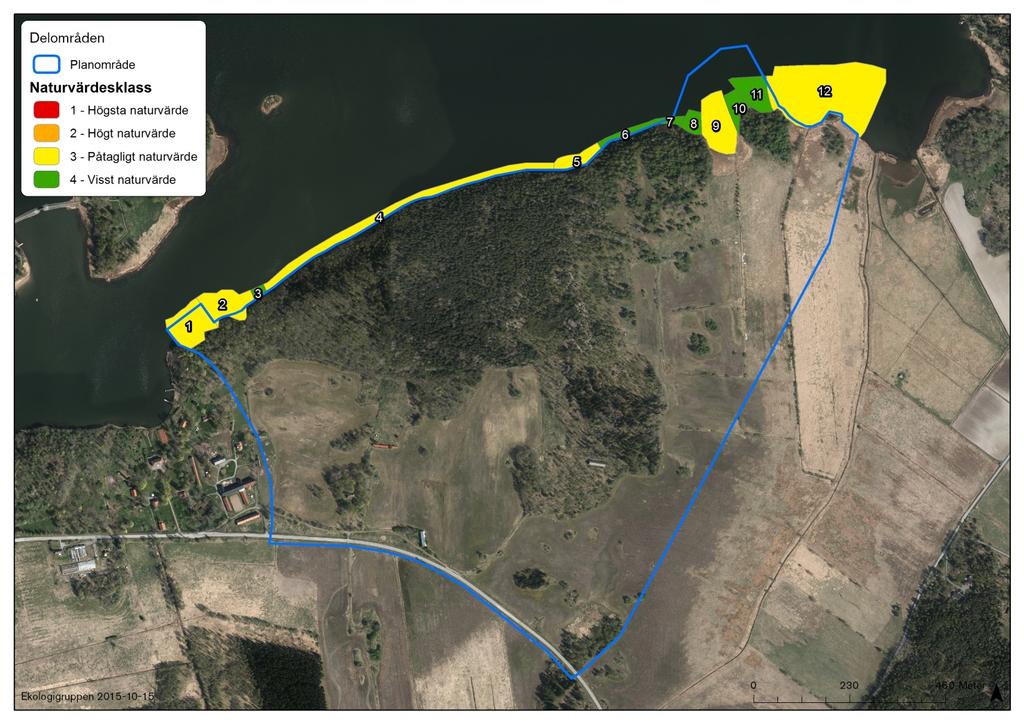 Figur 5. Indelning av undersökningsområdet i delområden. Tabell 1. Naturvärden för tolv delområden vid Björnö, Norrtäljeviken 2015.