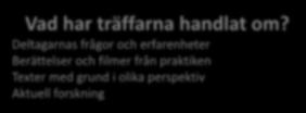 Vad har vi gjort och vad ska vi göra? Två faser: I: En träff/månad (2017 ht 2018 vt) II: Bearbetning av material, två träffar (?) (2018 ht 2019 vt) Vad har träffarna handlat om?