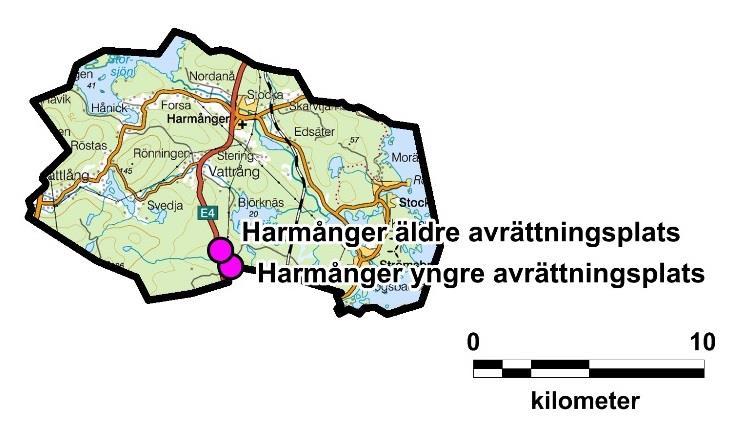 Harmångers socken Figur 136. Harmångers socken med avrättningsplatserna markerade. För en mer detaljerad bild se figur 137 nedan. Skala 1:375 000. Underlagskarta: Översiktskartan Lantmäteriet.