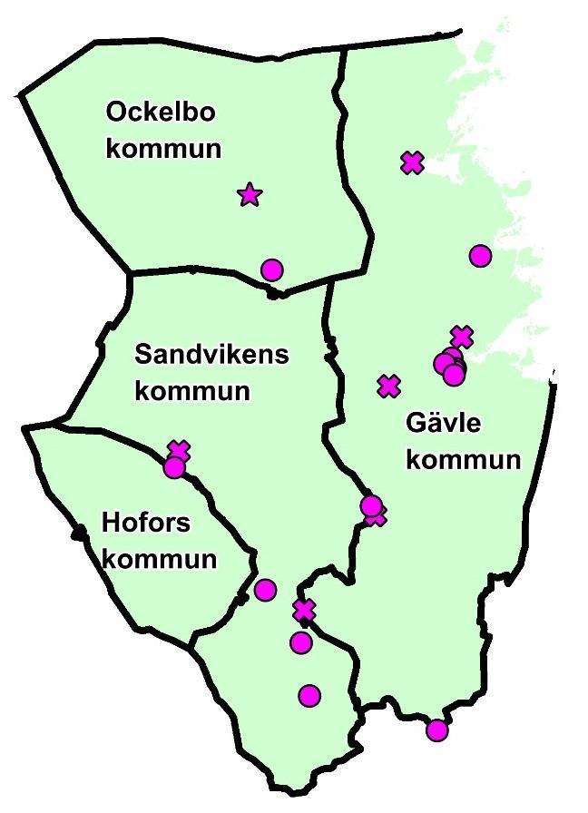 Avrättningsplatser i Gästrikland För Gästriklands del behandlas 19 offentliga avrättningsplatser i denna rapport, samt en intermural avrättningsplats vid Gävle cellfängelse, se figur 13 och tabell 3