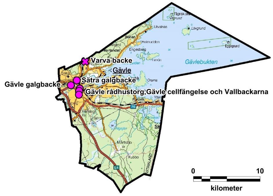 Gävle stad Inom Gävle stad finns det fem offentliga avrättningsplatser Gävle rådhustorg, Gävle galgbacke, Varva backe, Sätra galgbacke och Vallbackarna dessutom