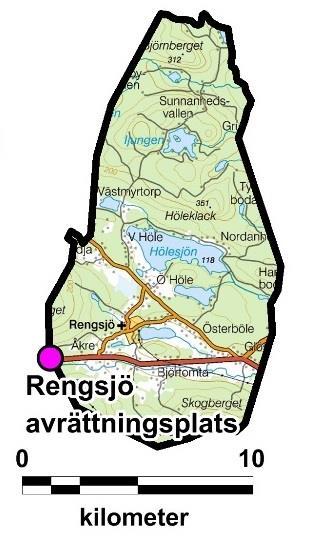 avrättningsplats, på gränsen mellan Rengsjö och Mo socknar, se tabell 1. Figur 87. Rengsjö socken med den nu borttagna avrättningsplatsen markerad. Skala 1:375 000.