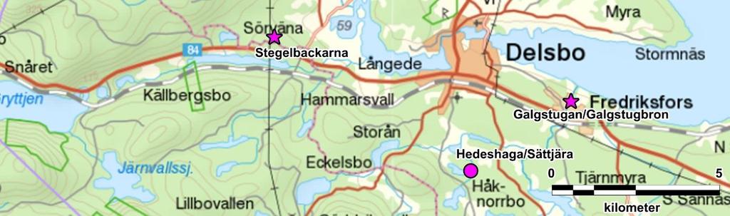 Det kan ha varit på någon av de platser som redan är kända, men det kan också ha skett på annan plats. Figur 91. Delsbo socken med avrättningsplatser markerade.
