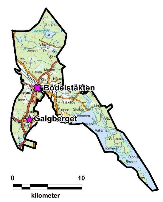 Hälsingtuna socken med Bödelstäkten markerad. Platsen där det enligt uppgift skall ha funnits en plats som kallades Galgberget är ungefärligt markerat med en stjärna. Skala 1:375 000.