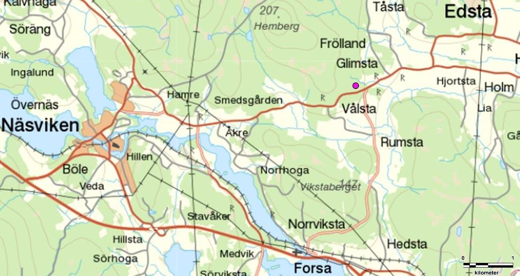 Högs socken I Högs socken finns en avrättningsplats enligt muntlig tradition Vålsta som är belägen på gränsen mot Forsa socken. Figur 107. Högs socken med avrättningsplatsen vid Vålsta markerad.