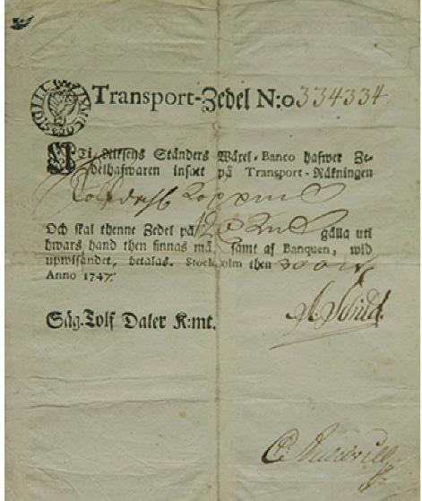 Riksbanken återinför sedlar transportsedlar (inlåningsbevis) från 1701 klumpig hantering, betalningsmedel