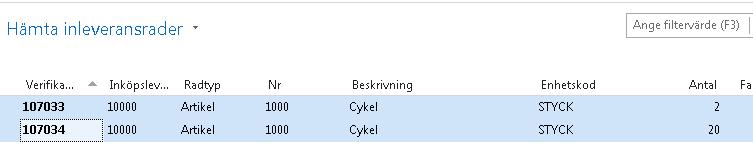 Detta görs genom att man registrerar klart fliken Allmänt på inköpsfakturan och sedan väljer funktionen Hämta