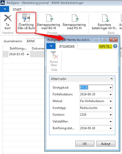 Fyll i fälten enligt nedan ok klicka på ok: Fältnamn Girotypkod Förfallodatum Metod Kontotyp Kontonr Bokföringsdatum Ange vilken gireringstyp som du avser att hämta betalningar för. Ange t.o.m. det förfallodatum (betalningsdatum) som du fått angivet på din betalningsspecifikation.