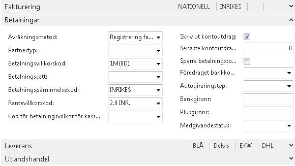 Denna kod styr vissa konteringar till redovisningen via bokföringsinställningar. Fältet måste alltid anges och det är viktigt att man väljer rätt kod.