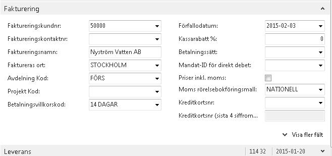 Fältförklaring fliken Fakturering: Fältnamn Faktureringskundnr Dimension kod 1 (här kallad Avdelning) Dimension 2 kod (här kallad Projekt) Betalningsvillkorskod Förfallodatum Faktureringskundnr