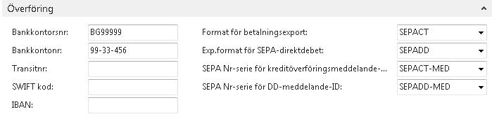 Fältförklaring fliken Överföring: Fältnamn Bankkontorsnr Bankkontonr SWIFT-kod IBAN Ange ditt bankkontorsnr Ange dit kontonummer Används för betalningar från utlandet.