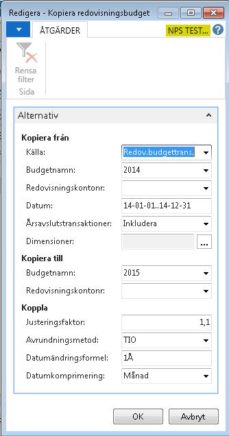 Fältförklaring Fältnamn Kopiera från Källa Redovisningskontonr Du kan välja att kopiera en tidigare budget eller att utgå från utfallet under en period.