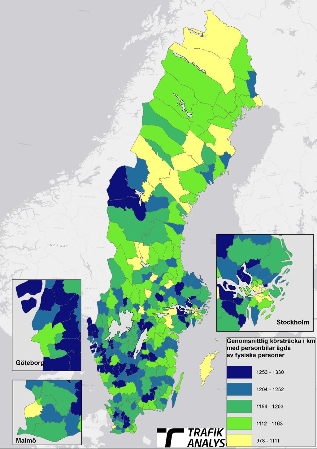 Figur 4.11. Genomsnittlig körsträcka per kommun, personbilar ägda av fysiska personer, år 2017. Källa: Trafikanalys, egen bearbetning.