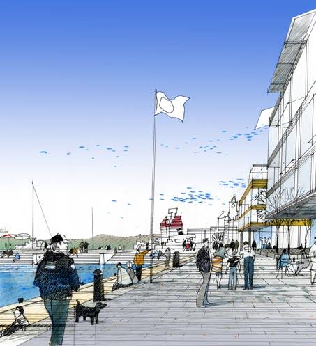 Kajbebyggelsen berikar upplevelsen längs sträckan. Här finns restauranger, caféer och verksamheter med anknytning till det marina.