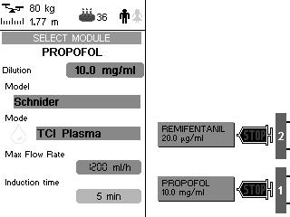Ändra målkoncentration 1. Tryck ner tangenten som avser den koncentrationen som skall ändras. Byta infusionsläge 7. Välj pump med tangenten. Bolus Stop Min Max TOTAL INFUSED SCALE 2.