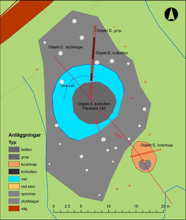 ARKEOLOGGRUPPEN AB, RAPPORT 2017:25 Figur 6. Plan över Fläckebo 142 och 143. Vallen runt Fläckebo mättes som en linje eftersom den inte gick att urskilja i sydöst.